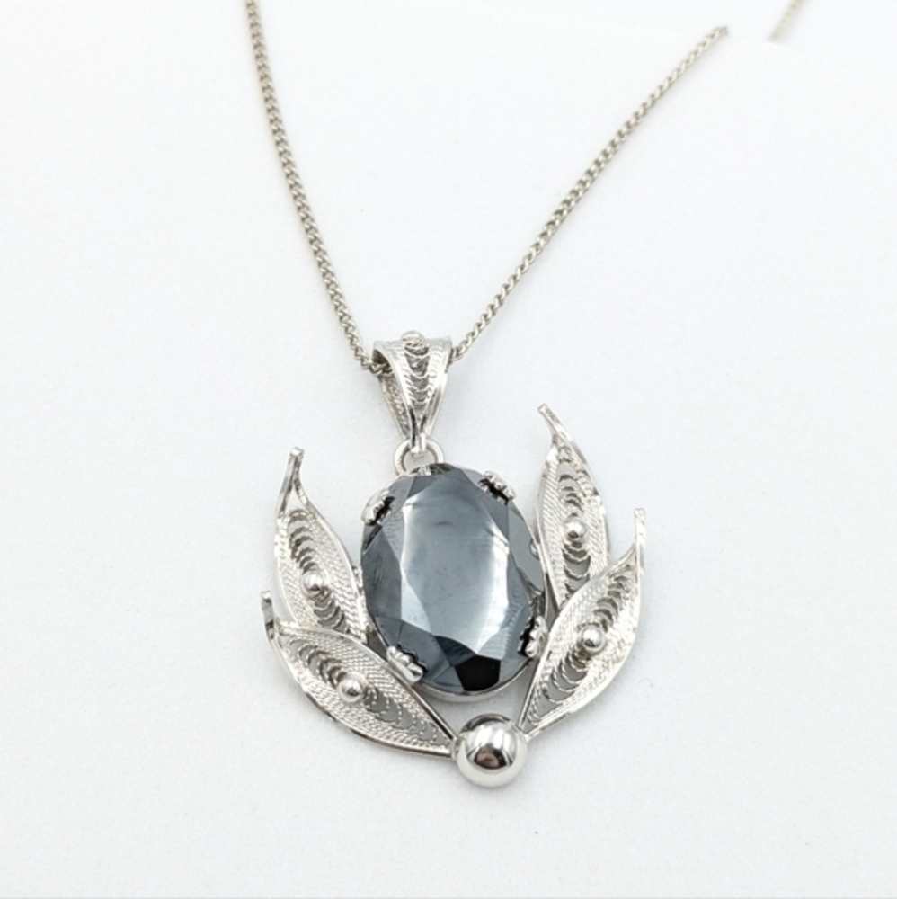 Vintage Designer Signed Sorrento Hematite Filigree Sterling Silver Necklace - Picture 3 of 8